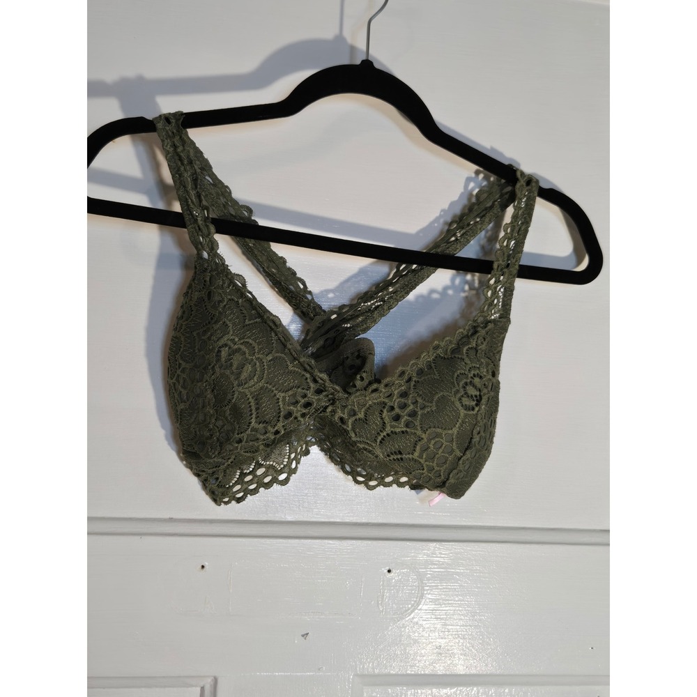 True Olive Green Floral Lace Bralette Cross Back V-Neck Boho Lined Bra Small